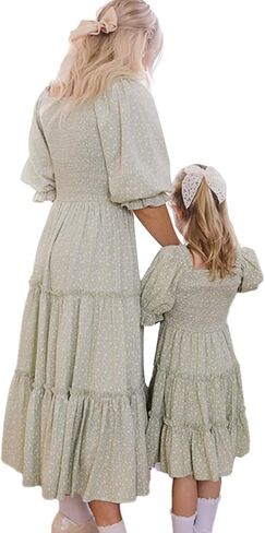 Mommy and Me Family Outfits Boho Matching Outfits Ruffle Puff Sleeve High Waist Midi Beach Maxi Dress in Saudi Arabia