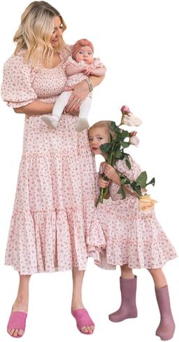 Mommy and Me Family Outfits Boho Matching Outfits Ruffle Puff Sleeve High Waist Midi Beach Maxi Dress in Saudi Arabia