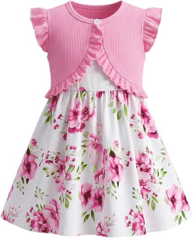 Girls' Pink Floral Dress and Cardigan Set, Sleeveless A-Line Dress with Ruffle Sleeve Bolero for Photo Day, Birthday Party in Saudi Arabia