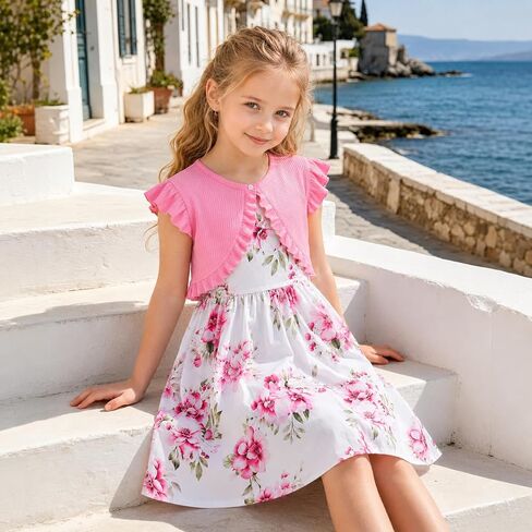 Girls' Pink Floral Dress and Cardigan Set, Sleeveless A-Line Dress with Ruffle Sleeve Bolero for Photo Day, Birthday Party in Saudi Arabia