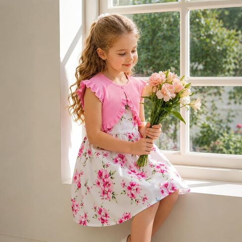 Girls' Pink Floral Dress and Cardigan Set, Sleeveless A-Line Dress with Ruffle Sleeve Bolero for Photo Day, Birthday Party in Saudi Arabia
