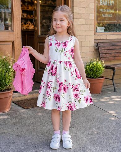 Girls' Pink Floral Dress and Cardigan Set, Sleeveless A-Line Dress with Ruffle Sleeve Bolero for Photo Day, Birthday Party in Saudi Arabia