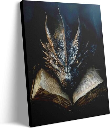 LWYANYT999 Dark Vintage Dragon & Book Canvas Wall Art - 12x16 Inch Gothic Fantasy Decor for Library & Game Room (inner frame). in Saudi Arabia