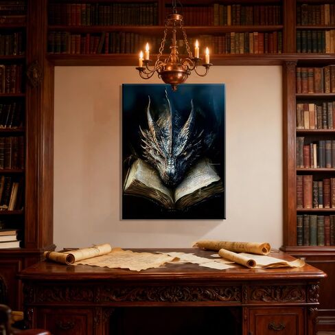 LWYANYT999 Dark Vintage Dragon & Book Canvas Wall Art - 12x16 Inch Gothic Fantasy Decor for Library & Game Room (inner frame). in Saudi Arabia