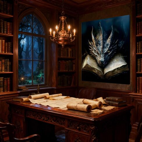 LWYANYT999 Dark Vintage Dragon & Book Canvas Wall Art - 12x16 Inch Gothic Fantasy Decor for Library & Game Room (inner frame). in Saudi Arabia