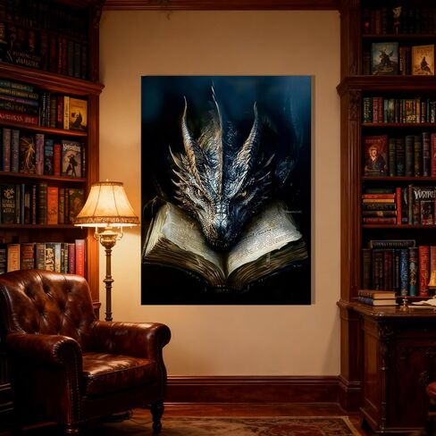 LWYANYT999 Dark Vintage Dragon & Book Canvas Wall Art - 12x16 Inch Gothic Fantasy Decor for Library & Game Room (inner frame). in Saudi Arabia