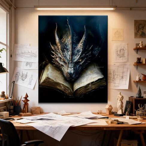 LWYANYT999 Dark Vintage Dragon & Book Canvas Wall Art - 12x16 Inch Gothic Fantasy Decor for Library & Game Room (inner frame). in Saudi Arabia