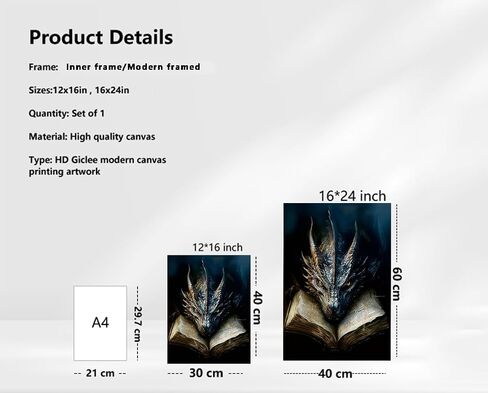 LWYANYT999 Dark Vintage Dragon & Book Canvas Wall Art - 12x16 Inch Gothic Fantasy Decor for Library & Game Room (inner frame). in Saudi Arabia