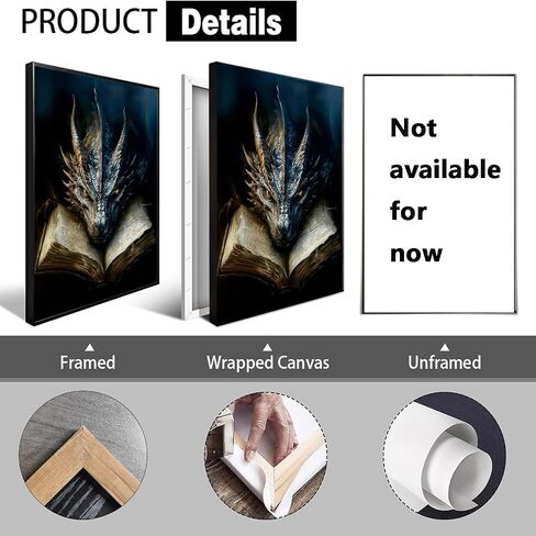 LWYANYT999 Dark Vintage Dragon & Book Canvas Wall Art - 12x16 Inch Gothic Fantasy Decor for Library & Game Room (inner frame). in Saudi Arabia