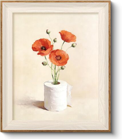 VIYYIEA Framed Canvas Wall Art, Funny Floral Bathroom Wall Art, Vintage Poppy Flower Toilet Paper Vase Painting, Cute Botanical Bathroom Decor for Guest Bath Farmhouse Wall Decor, 10x12 Inch in Saudi Arabia