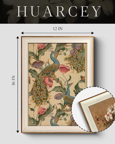 HUARCEY Framed Canvas Wall Art Vintage Peacock, Vine with Poppies Floral Print Decor, Peacock Art Print Bird Wall Art 12x16 inch, for Bedroom Bathroom Living Room Decor in Saudi Arabia