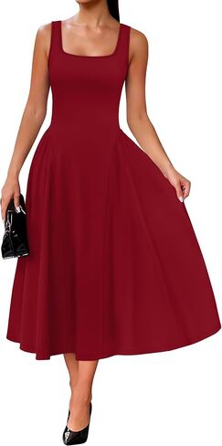 OFEEFAN Summer Dresses for Women Square Neck Corset A Line Maxi Dress Ruffle Ruched Waist Flowy Outfits in Kuwait