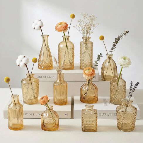 5 Pcs Glass Bud Vases Set Gold Amber, Mini Flower Vase for Centerpieces, Small Vases in Bulk for Wedding Decorations, Vintage Vase for Table, Recepetion, Home Décor in Saudi Arabia