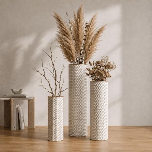 White Tall Floor Vases Set of 3, 27 Inch Large Metal Decorative Vases with Honeycomb Texture- Modern Cylinder Floor Vase for Living Room Corner, Pampas Grass＆Dried Flowers, Home Decor (White) in Saudi Arabia