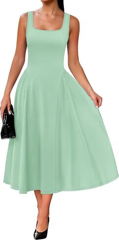OFEEFAN Summer Dresses for Women Square Neck Corset A Line Maxi Dress Ruffle Ruched Waist Flowy Outfits in Kuwait