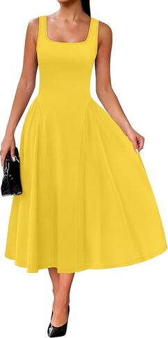 OFEEFAN Summer Dresses for Women Square Neck Corset A Line Maxi Dress Ruffle Ruched Waist Flowy Outfits in Kuwait