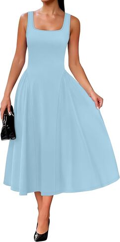 OFEEFAN Summer Dresses for Women Square Neck Corset A Line Maxi Dress Ruffle Ruched Waist Flowy Outfits in Kuwait