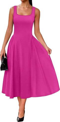 OFEEFAN Summer Dresses for Women Square Neck Corset A Line Maxi Dress Ruffle Ruched Waist Flowy Outfits in Kuwait