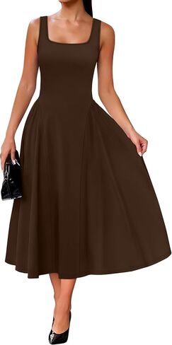 OFEEFAN Summer Dresses for Women Square Neck Corset A Line Maxi Dress Ruffle Ruched Waist Flowy Outfits in Kuwait