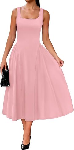 OFEEFAN Summer Dresses for Women Square Neck Corset A Line Maxi Dress Ruffle Ruched Waist Flowy Outfits in Kuwait