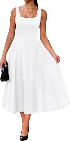 OFEEFAN Summer Dresses for Women Square Neck Corset A Line Maxi Dress Ruffle Ruched Waist Flowy Outfits in Kuwait