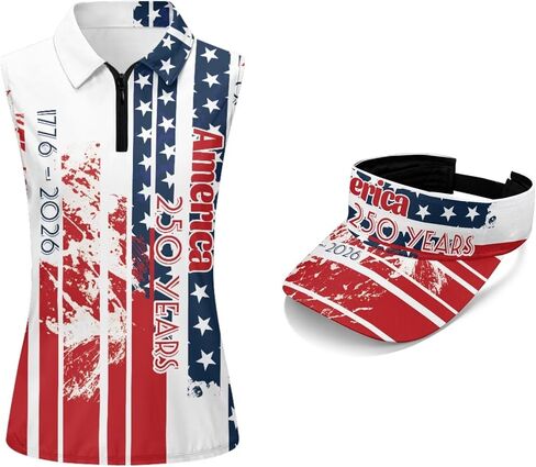 قميص بولو Irisjudy USA Golf للنساء - قمصان علوية بدون أكمام للرابع من يوليو وقبعة واقية من الشمس مجموعة ملابس صيفية بدون أكمام in Kuwait