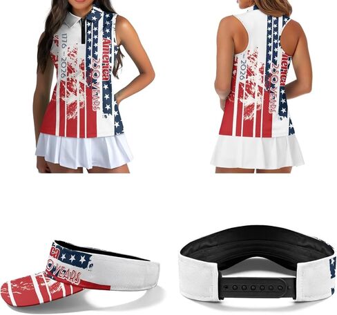 قميص بولو Irisjudy USA Golf للنساء - قمصان علوية بدون أكمام للرابع من يوليو وقبعة واقية من الشمس مجموعة ملابس صيفية بدون أكمام in Kuwait