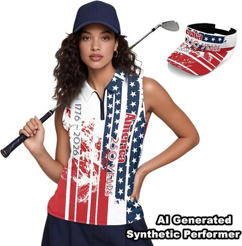 قميص بولو Irisjudy USA Golf للنساء - قمصان علوية بدون أكمام للرابع من يوليو وقبعة واقية من الشمس مجموعة ملابس صيفية بدون أكمام in Kuwait