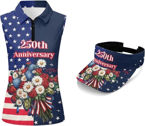 قميص بولو Irisjudy USA Golf للنساء - قمصان علوية بدون أكمام للرابع من يوليو وقبعة واقية من الشمس مجموعة ملابس صيفية بدون أكمام in Kuwait