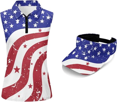 قميص بولو Irisjudy USA Golf للنساء - قمصان علوية بدون أكمام للرابع من يوليو وقبعة واقية من الشمس مجموعة ملابس صيفية بدون أكمام in Kuwait
