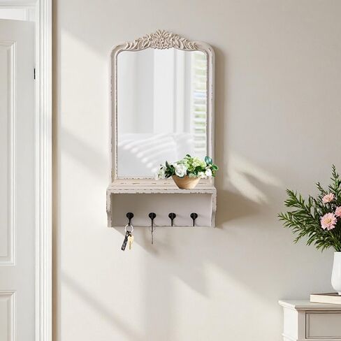Vintage Mirror with Shelf and 4 Hooks 30 X 16 Inch, Hanging Distressed White Wood Framed Rustic Wall Mirror Decorative with Storage for Entryway Bathroom Living Room Bedroom in Kuwait
