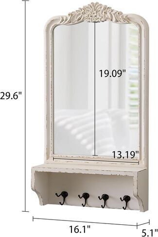 Vintage Mirror with Shelf and 4 Hooks 30 X 16 Inch, Hanging Distressed White Wood Framed Rustic Wall Mirror Decorative with Storage for Entryway Bathroom Living Room Bedroom in Kuwait