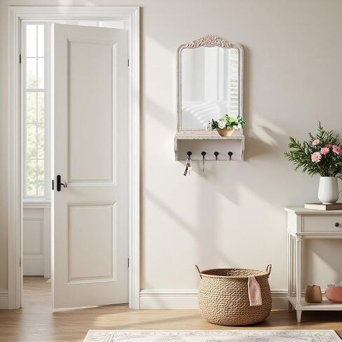 Vintage Mirror with Shelf and 4 Hooks 30 X 16 Inch, Hanging Distressed White Wood Framed Rustic Wall Mirror Decorative with Storage for Entryway Bathroom Living Room Bedroom in Kuwait