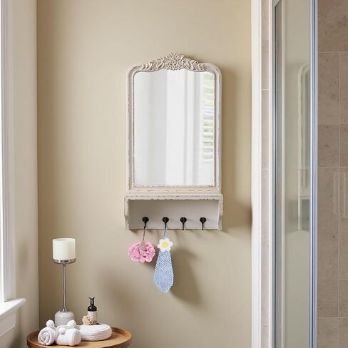 Vintage Mirror with Shelf and 4 Hooks 30 X 16 Inch, Hanging Distressed White Wood Framed Rustic Wall Mirror Decorative with Storage for Entryway Bathroom Living Room Bedroom in Kuwait