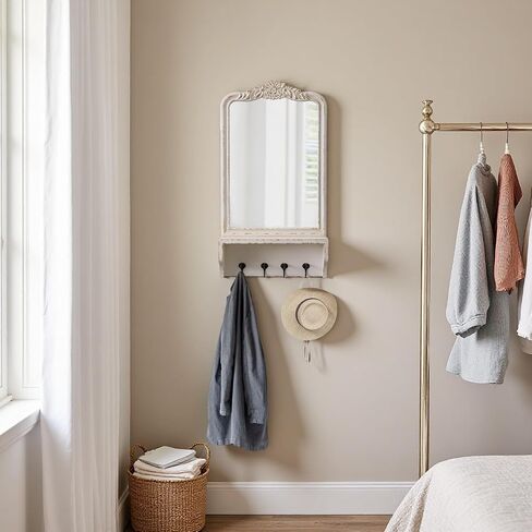 Vintage Mirror with Shelf and 4 Hooks 30 X 16 Inch, Hanging Distressed White Wood Framed Rustic Wall Mirror Decorative with Storage for Entryway Bathroom Living Room Bedroom in Kuwait