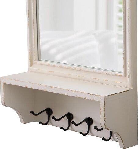 Vintage Mirror with Shelf and 4 Hooks 30 X 16 Inch, Hanging Distressed White Wood Framed Rustic Wall Mirror Decorative with Storage for Entryway Bathroom Living Room Bedroom in Kuwait