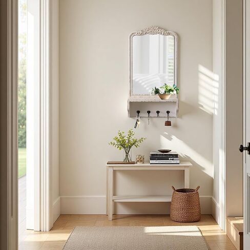 Vintage Mirror with Shelf and 4 Hooks 30 X 16 Inch, Hanging Distressed White Wood Framed Rustic Wall Mirror Decorative with Storage for Entryway Bathroom Living Room Bedroom in Kuwait