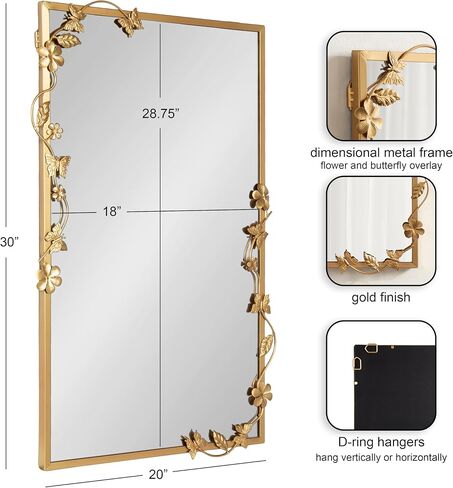 Kate and Laurel Rosella Modern Ornate Rectangle Wall Mirror, 20 x 30, Gold, Decorative Rectangular Mirror with Floral Detailing for Use as Bathroom Mirror for Over Sink or Cute Kids Room Decor in Kuwait