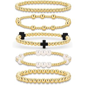 Gold Beaded Bracelets Pearl Cross Bracelet Stack Cute Stackable Christian Bracelet Set Boho Beach Summer Jewelry for Women in Saudi Arabia