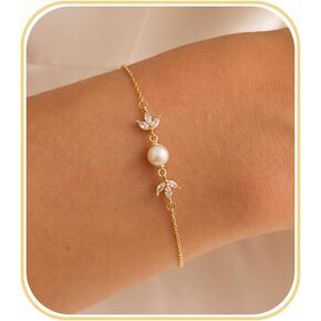 Pearl Bracelet - 14k Gold/White Gold Plated Dainty Cubic Zirconia CZ Accented Pearl Bracelets for Women Bridal Wedding in Saudi Arabia