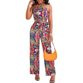Womens Sleeveless Halter Neck Tie Dye Print Pants Wide Leg High Waist One Piece Cocktail Jumpsuit with Belt (XL) in Kuwait