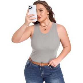 FOREYOND Plus Size Ribbed Tank Top with Built-in Bra for Women High Neck Racerback Fitted Buttery-Soft Undershirts in Kuwait