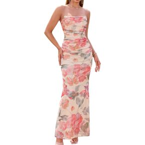 HTZMO Strapless Formal Wedding Guest Floral Maxi Dress Tube Top Corset Ruched Bodycon Cocktail Long Dresses for Women in Saudi Arabia