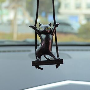 Cute Cat Car Hanging Ornament, Swing Funny Car Rear View Mirror Charm, Aesthetic Auto Interior Decoration Pendant Accessories for Women Men (Black) in Saudi Arabia