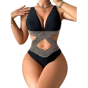 Women's Swim Summer Beach Colorblock Panel Hollow Out One Piece Bikinis Swimsuit Beachwear Bathing Suit For Women in Saudi Arabia