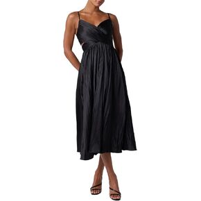 Lulus Margot Gathered Pleated Satin Midi Dress for Women V Neck Side Cutout Cocktail Wedding Guest Dress in Saudi Arabia