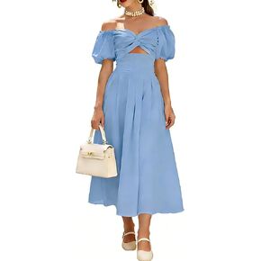 Women's Summer Puff Sleeve Midi Dress Cut Out A Line Smocked Flowy Dresses Beach Vacation Long Dresses with Pockets in Saudi Arabia