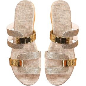 GORGLITTER Women's Metallic Flats Sandals Dressy Cute Sparkly Glitter Strappy Open Square Toe Slide Sandal in Saudi Arabia