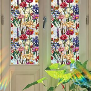 Window Privacy Film, 3D Tulip Stained Glass Window Film, No Glue Removable Privacy Film, UV & Heat Blocking Decorative Window Film for Bedroom Living Room Kitchen, 16.9 x 78.7 inches in Saudi Arabia