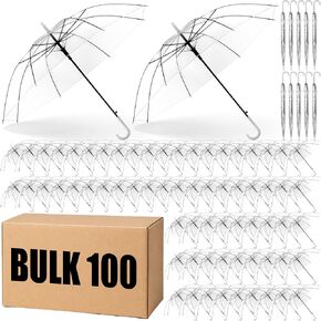 60 Pack Clear Wedding Umbrellas Bulk Transparent Auto Open Stick Umbrellas Windproof Waterproof Large Canopy Umbrella with White European J Hook Handle for Wedding Bride Groom Photography Golf Outdoor in Kuwait